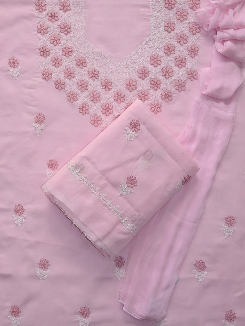 Seva Chikan Hand Embroidered Pink Terivoil Cotton Lucknowi Chikankari Unstitched Suit Piece-SCL13015