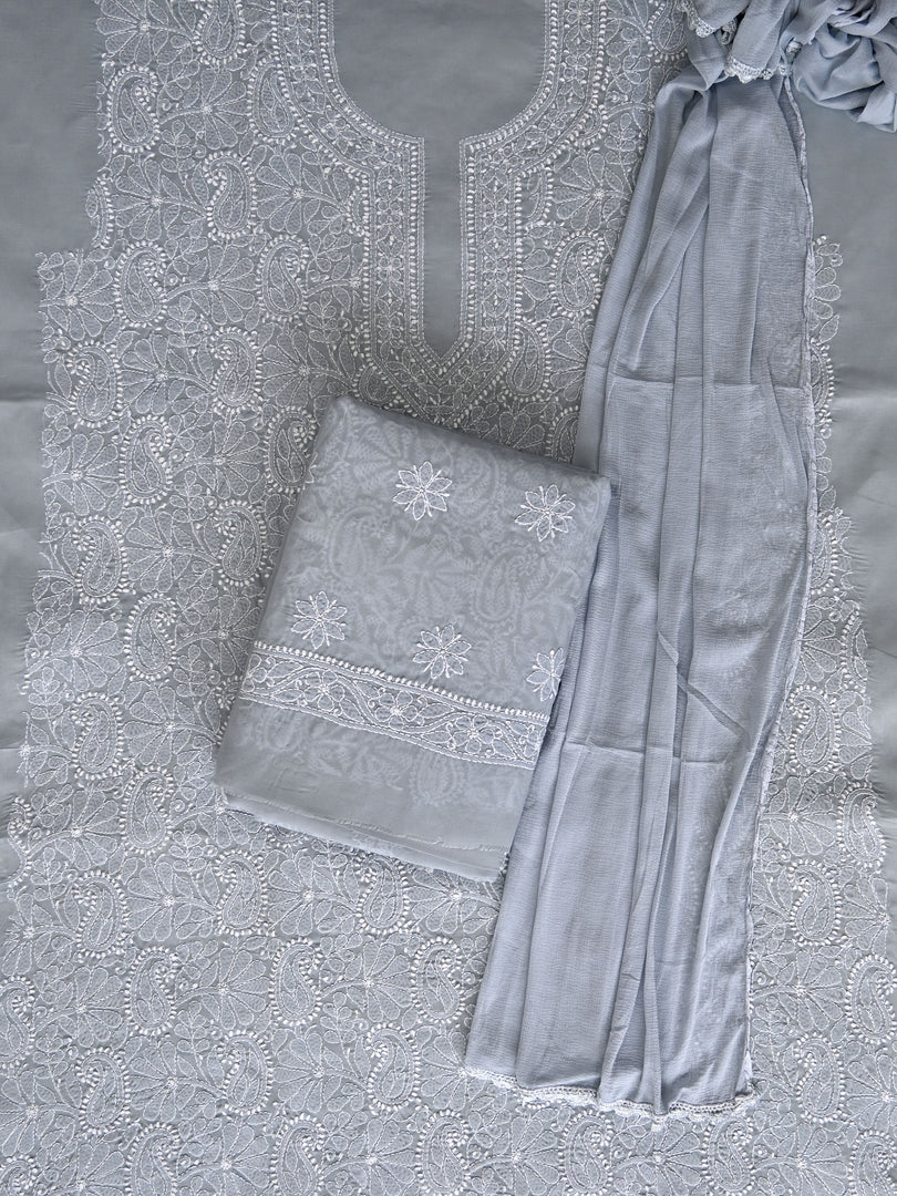 Seva Chikan Hand Embroidered Grey Terivoil Cotton Lucknowi Chikankari Unstitched Suit Piece-SCL13021