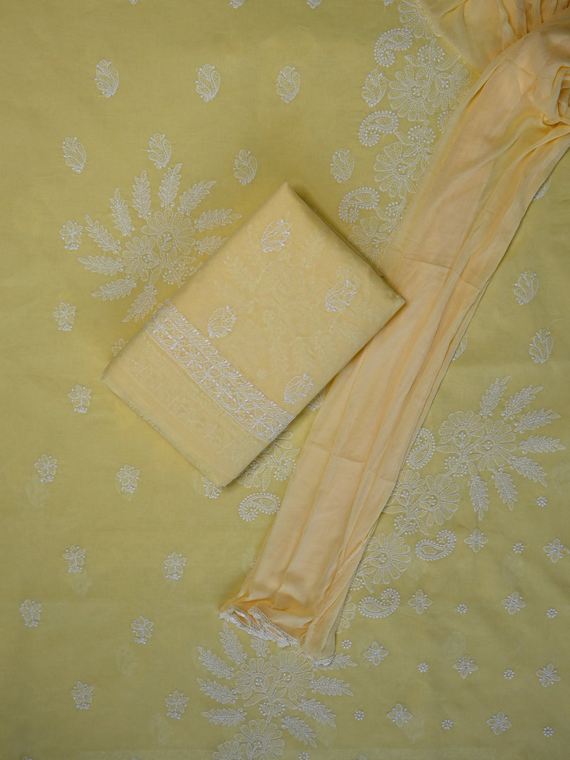 Seva Chikan Hand Embroidered Yellow Terivoil Cotton Lucknowi Chikankari Unstitched Suit Piece-SCL13012