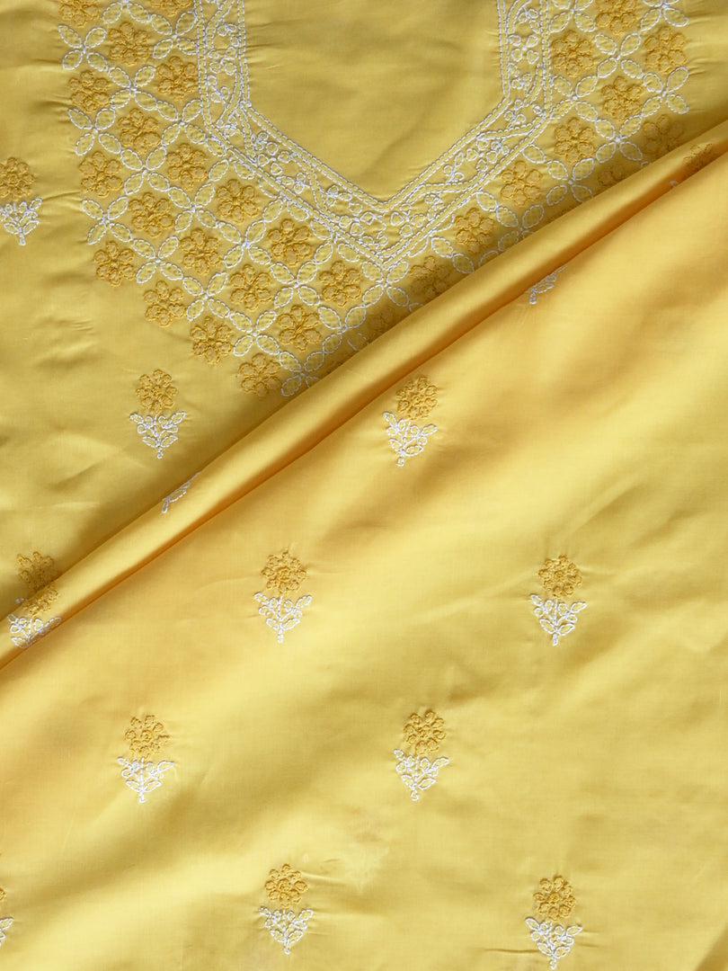 Seva Chikan Hand Embroidered Yellow Terivoil Cotton Lucknowi Chikankari Unstitched Suit Piece-SCL13016