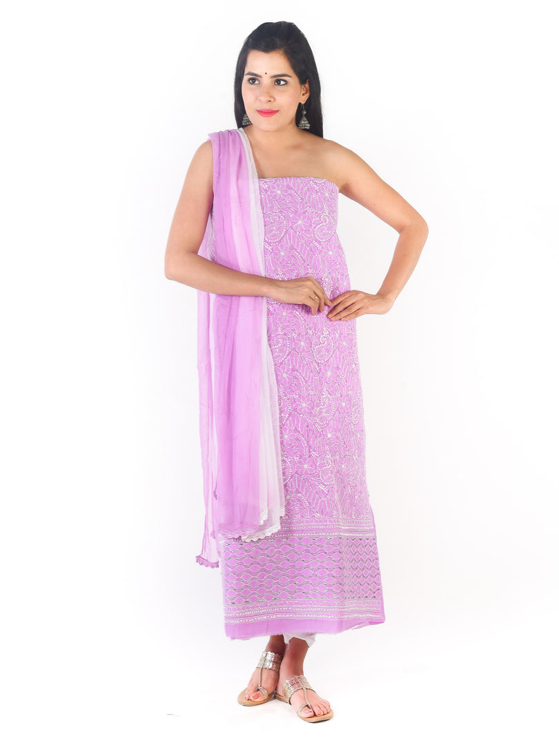 Seva Chikan Hand Embroidered Purple Cotton Lucknowi Chikankari Unstitched Suit Piece-SCL1680