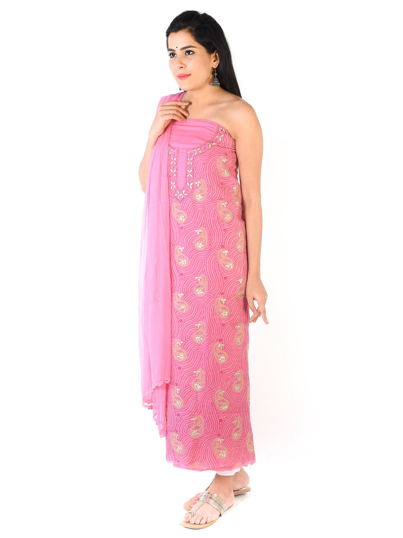 Seva Chikan Hand Embroidered Dark Pink Cotton Lucknowi Chikankari Unstitched Suit Piece-SCL1654