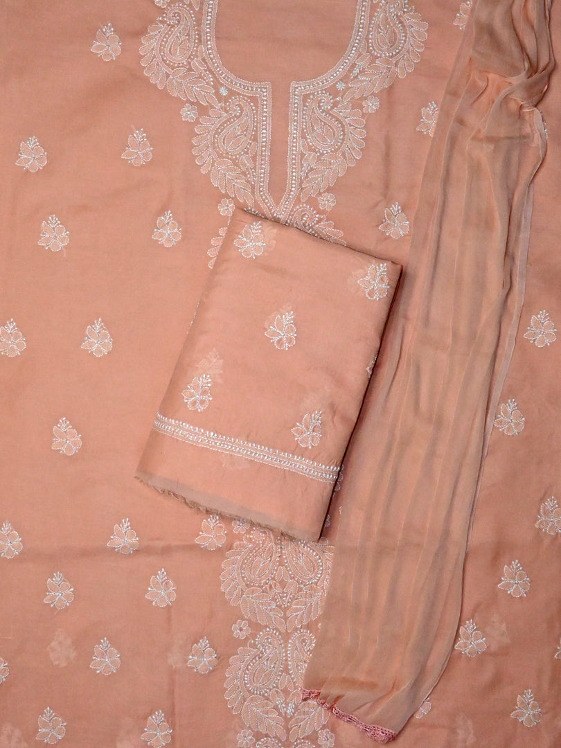 Seva Chikan Hand Embroidered Appricot Peach Terivoil Cotton Lucknowi Chikankari Unstitched Suit Piece-SCL13025