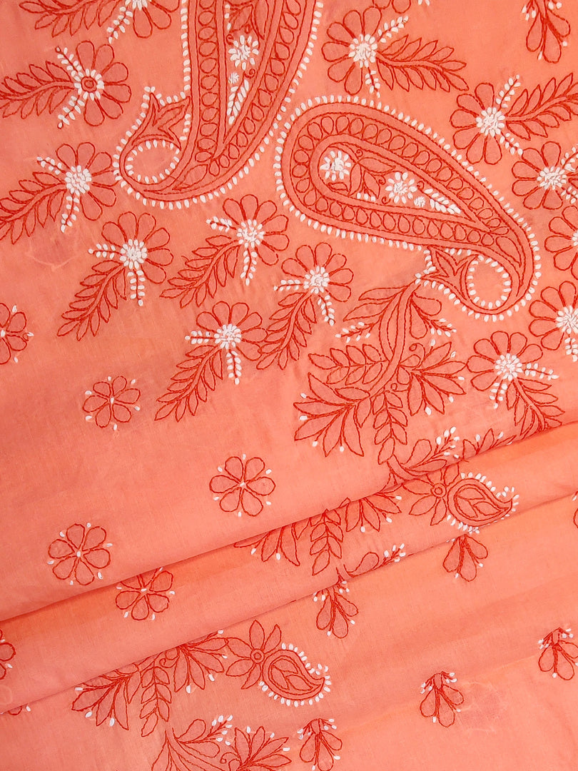 Seva Chikan Hand Embroidered Peach Terivoil Cotton Lucknowi Chikankari Unstitched Suit Piece-SCL13005