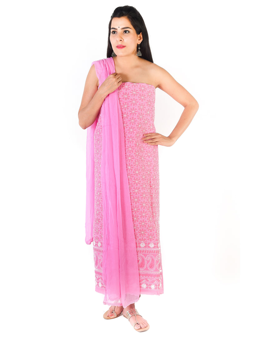 Seva Chikan Hand Embroidered Pink Cotton Lucknowi Chikankari Unstitched Suit Piece-SCL1687