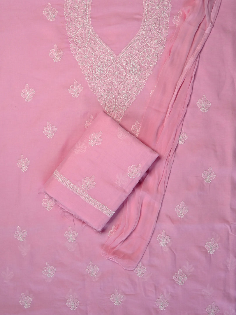 Seva Chikan Hand Embroidered Pink Terivoil Cotton Lucknowi Chikankari Unstitched Suit Piece-SCL13042