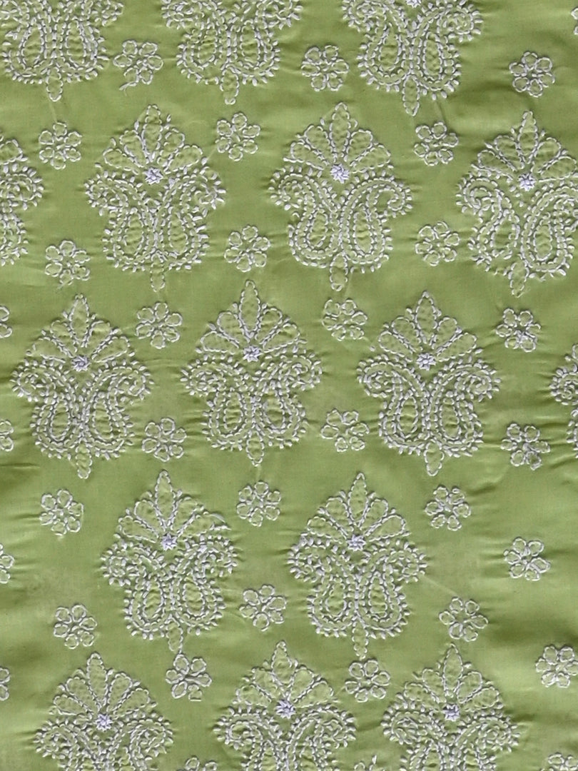 Seva Chikan Hand Embroidered Pista Green Cotton Lucknowi Chikankari Unstitched Suit Piece-SCL13097