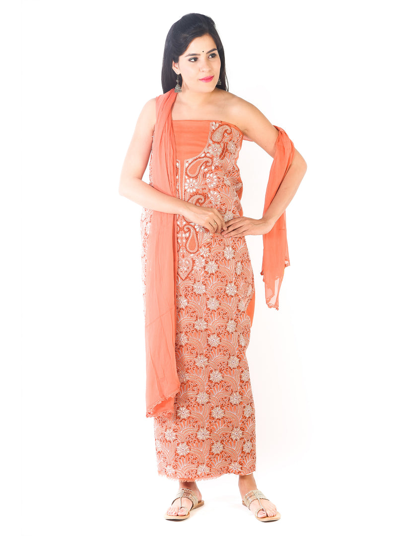 Seva Chikan Hand Embroidered Orange Cotton Lucknowi Chikan Unstitched Suit Piece-SCL1642