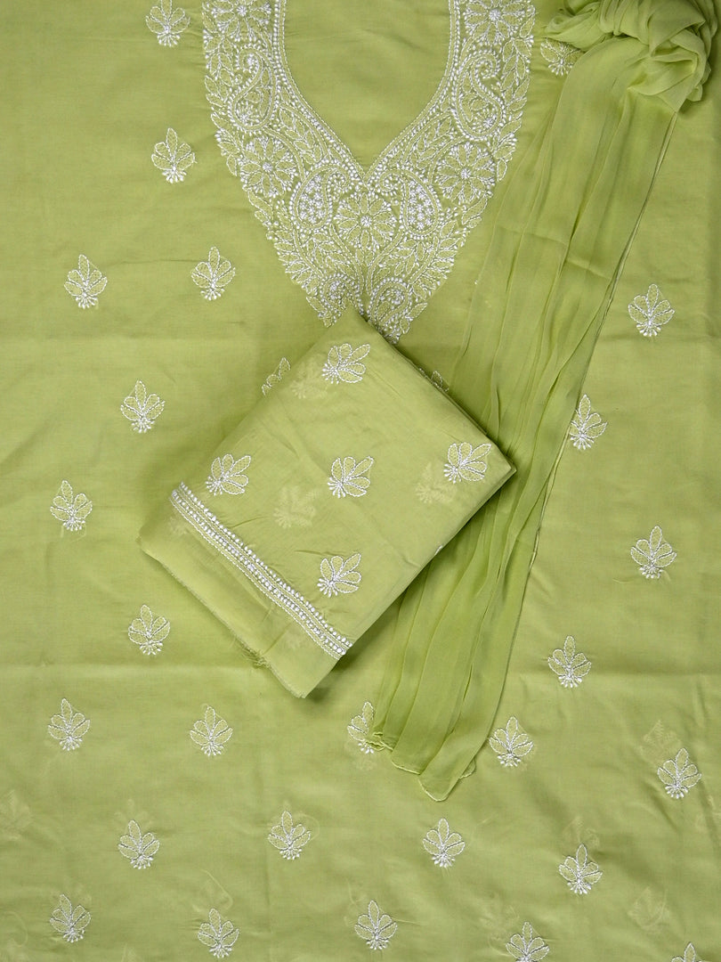 Seva Chikan Hand Embroidered Green Terivoil Cotton Lucknowi Chikankari Unstitched Suit Piece-SCL13043