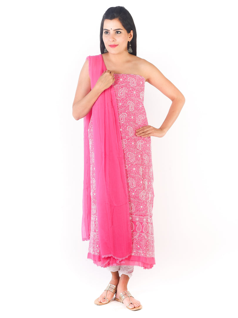 Seva Chikan Hand Embroidered Pink Cotton Lucknowi Chikankari Unstitched Suit Piece-SCL1682