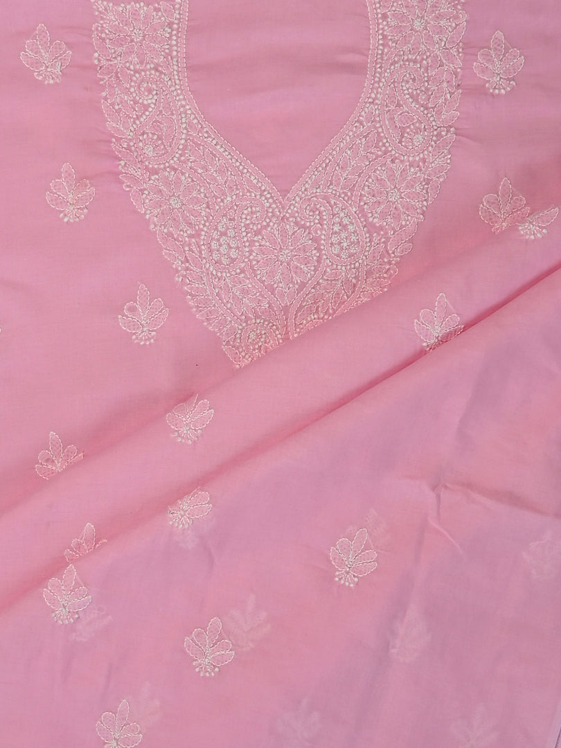 Seva Chikan Hand Embroidered Pink Terivoil Cotton Lucknowi Chikankari Unstitched Suit Piece-SCL13042