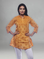 Load image into Gallery viewer, Seva Chikan Hand Embroidered Mustard Cotton Lucknowi Chikan Short Top-SCL0326