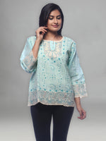 Load image into Gallery viewer, Seva Chikan Hand Embroidered Sea Green Cotton Lucknowi Chikankari Short Top-SCL0345