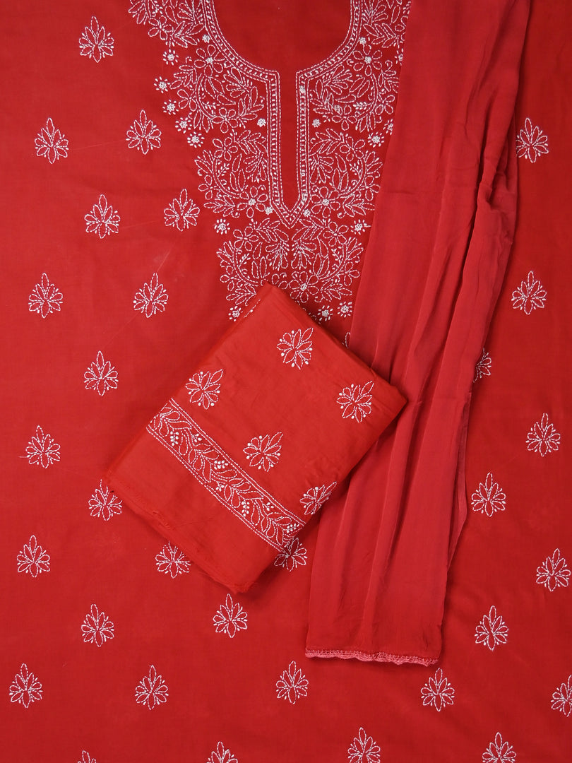 Seva Chikan Hand Embroidered Red Cotton Lucknowi Chikankari Unstitched Suit Piece-SCL13065