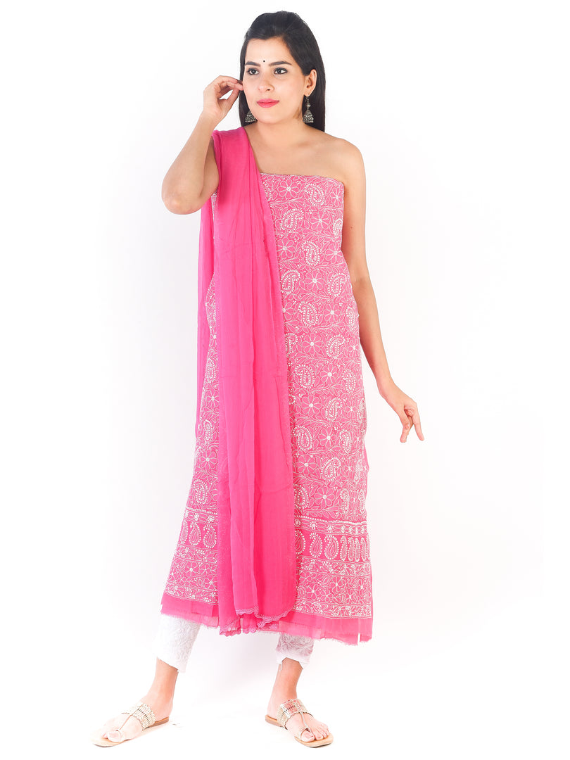 Seva Chikan Hand Embroidered Pink Cotton Lucknowi Chikankari Unstitched Suit Piece-SCL1682