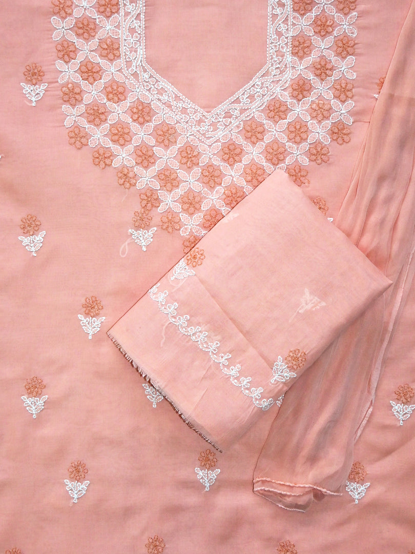 Seva Chikan Hand Embroidered Peach Terivoil Cotton Lucknowi Chikankari Unstitched Suit Piece-SCL13038