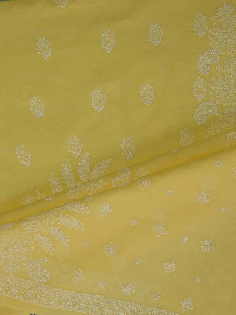 Seva Chikan Hand Embroidered Yellow Terivoil Cotton Lucknowi Chikankari Unstitched Suit Piece-SCL13012