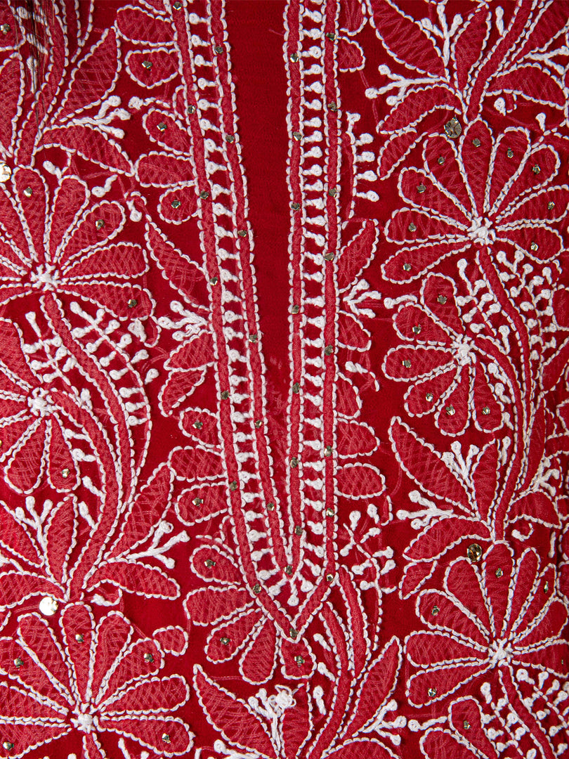Seva Chikan Hand Embroidered Red Georgette Lucknowi Chikankari Unstitched Suit Piece-SCL1622