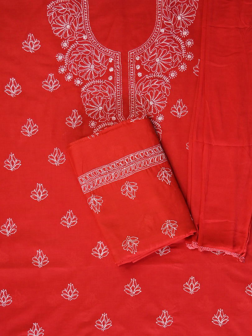 Seva Chikan Hand Embroidered Red Cotton Lucknowi Chikankari Unstitched Suit Piece-SCL13079