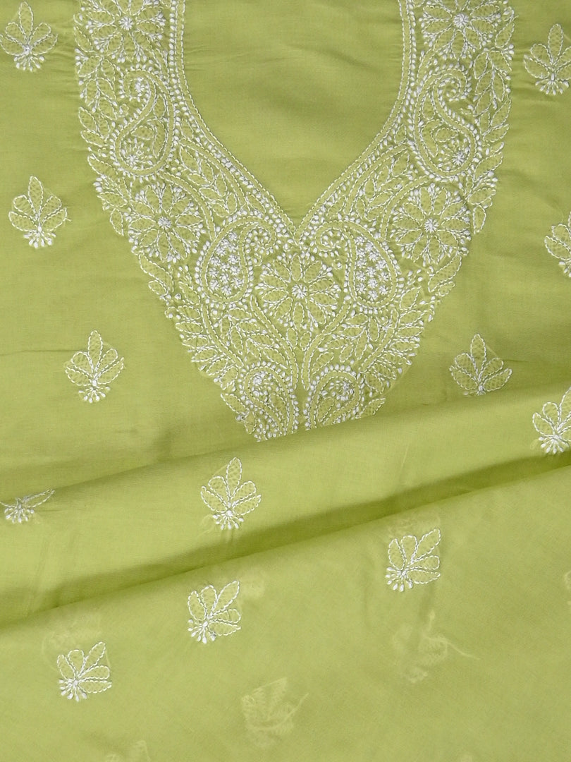 Seva Chikan Hand Embroidered Green Terivoil Cotton Lucknowi Chikankari Unstitched Suit Piece-SCL13043