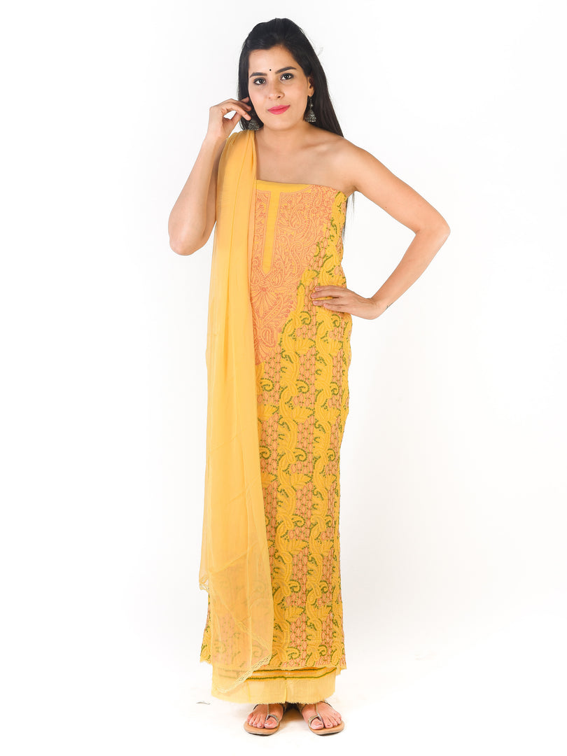 Seva Chikan Hand Embroidered Yellow Cotton Lucknowi Chikankari Unstitched Suit Piece-SCL1684