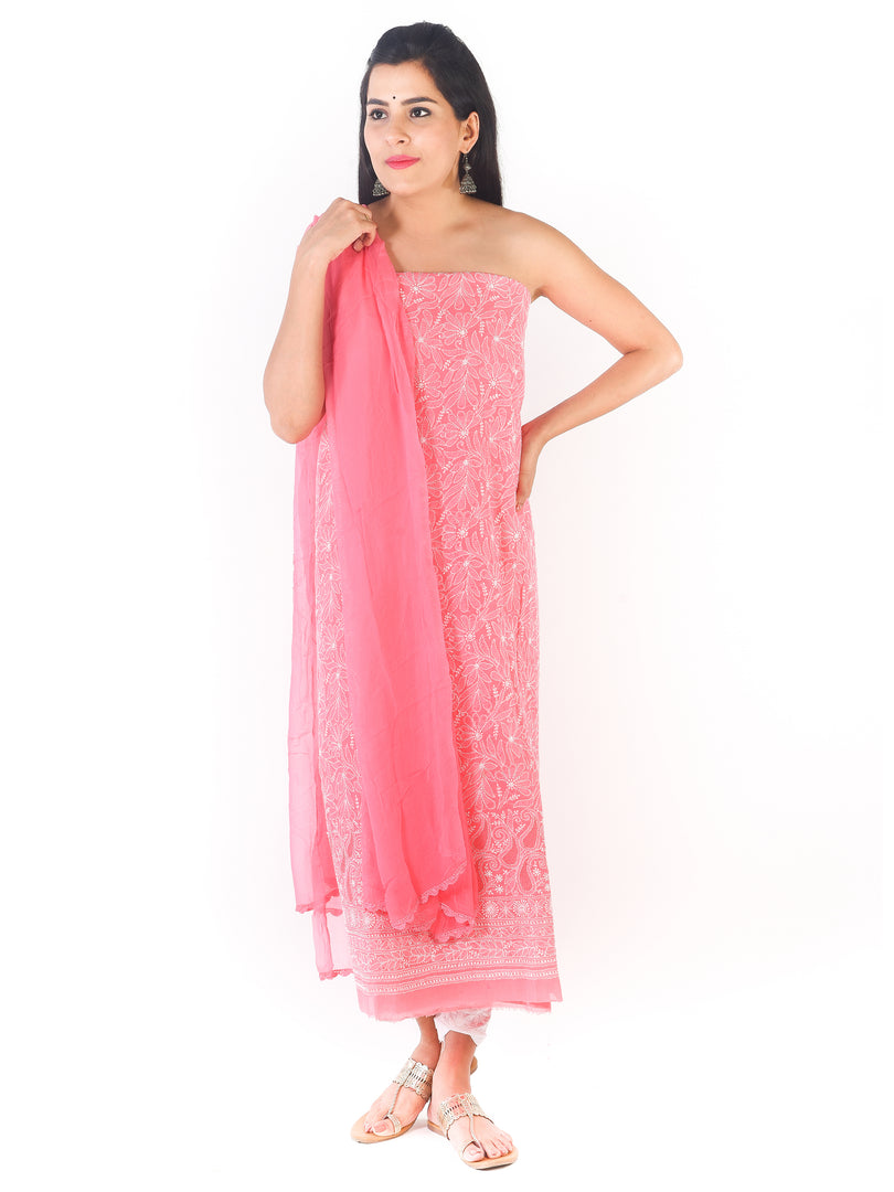 Seva Chikan Hand Embroidered Peach Cotton Lucknowi Chikan Unstitched Suit Piece-SCL1677