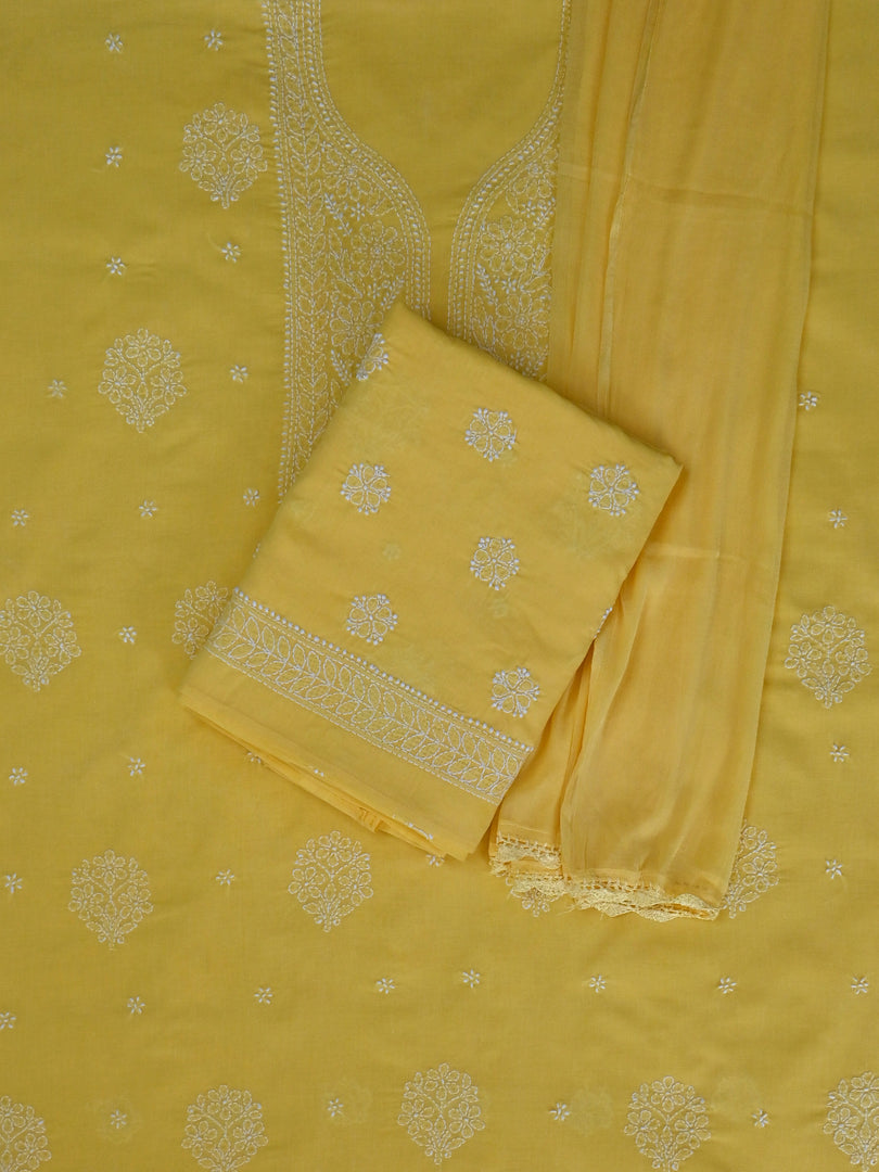 Seva Chikan Hand Embroidered Yellow Cotton Lucknowi Chikankari Unstitched Suit Piece-SCL13099