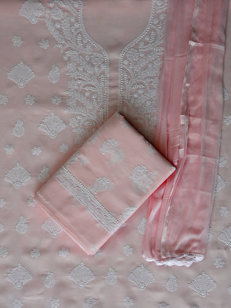 Seva Chikan Hand Embroidered Pink Cotton Lucknowi Chikankari Unstitched Suit Piece-SCL13050