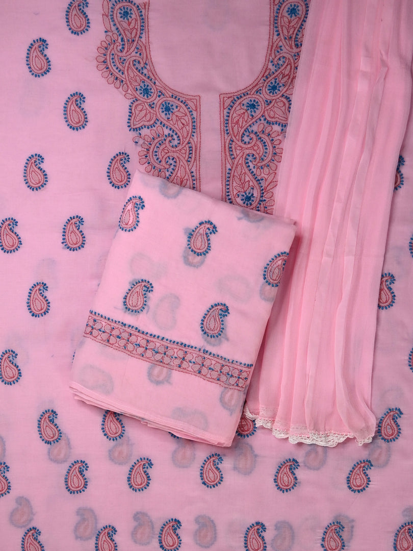 Seva Chikan Hand Embroidered Pink Cotton Lucknowi Chikankari Unstitched Suit Piece-SCL13107