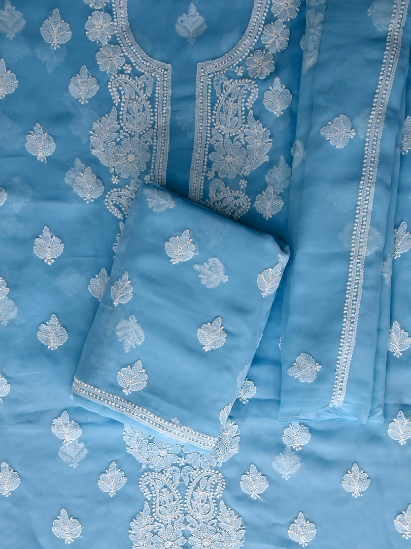 Seva Chikan Hand Embroidered Berry Blue Georgette Lucknowi Chikankari Unstitched Suit Piece-SCL13117