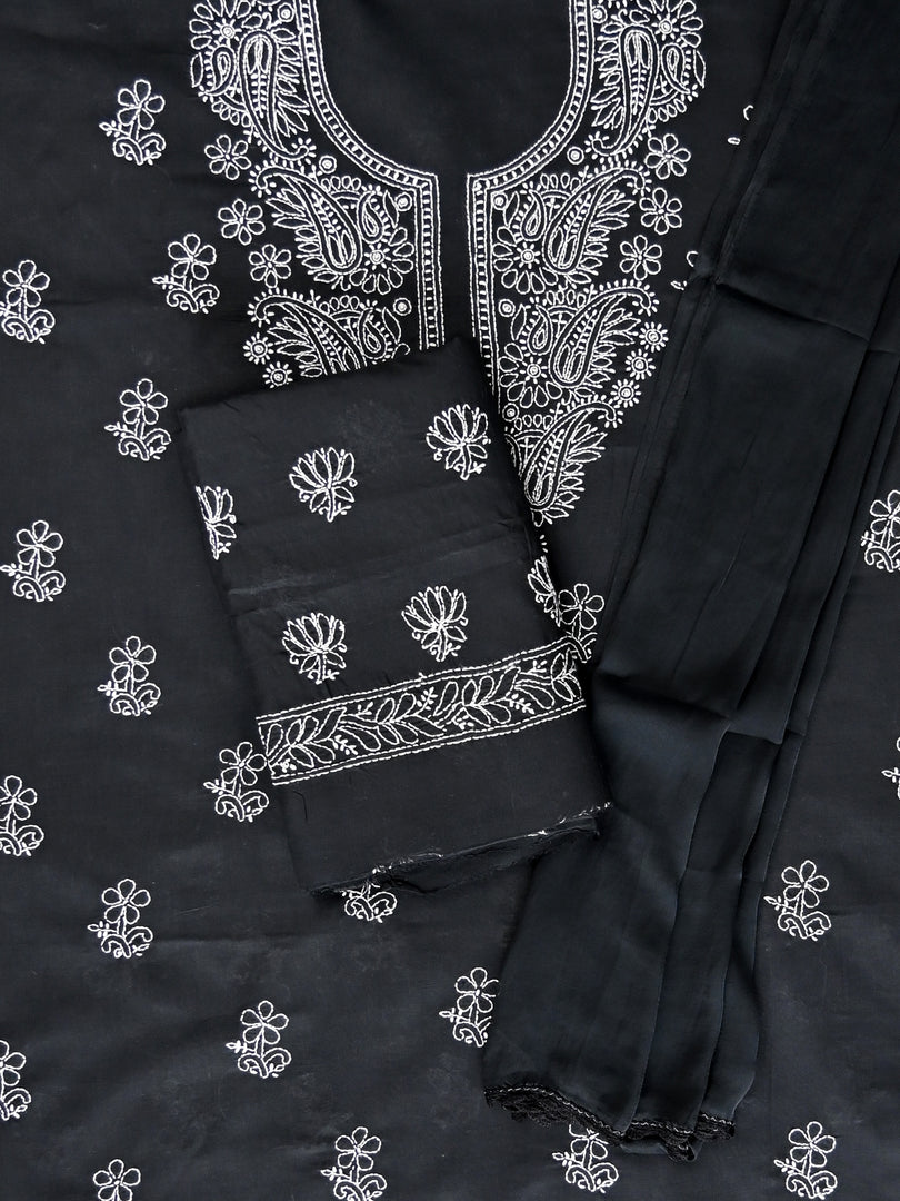 Seva Chikan Hand Embroidered Black Cotton Lucknowi Chikankari Unstitched Suit Piece-SCL13061