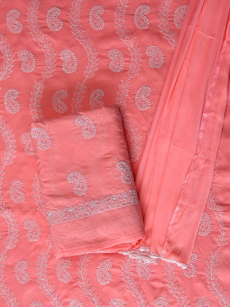 Seva Chikan Hand Embroidered Peach Cotton Lucknowi Chikankari Unstitched Suit Piece-SCL13091