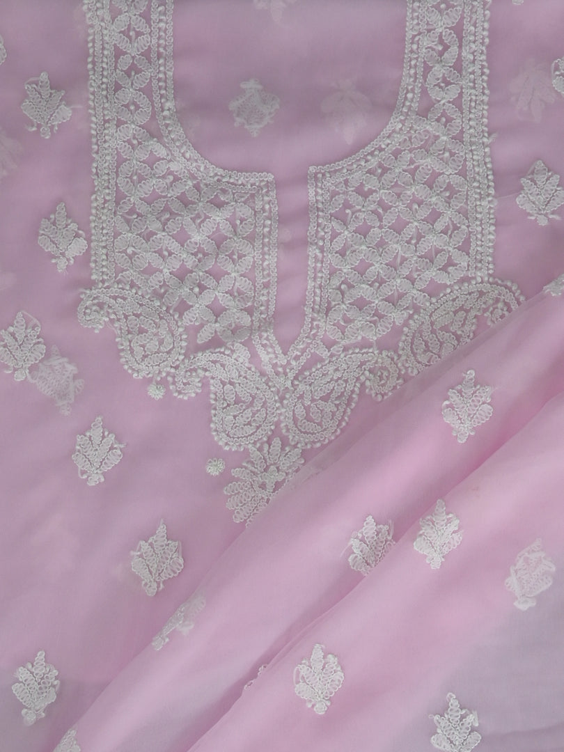 Seva Chikan Hand Embroidered Pink Georgette Lucknowi Chikankari Unstitched Suit Piece-SCL13115