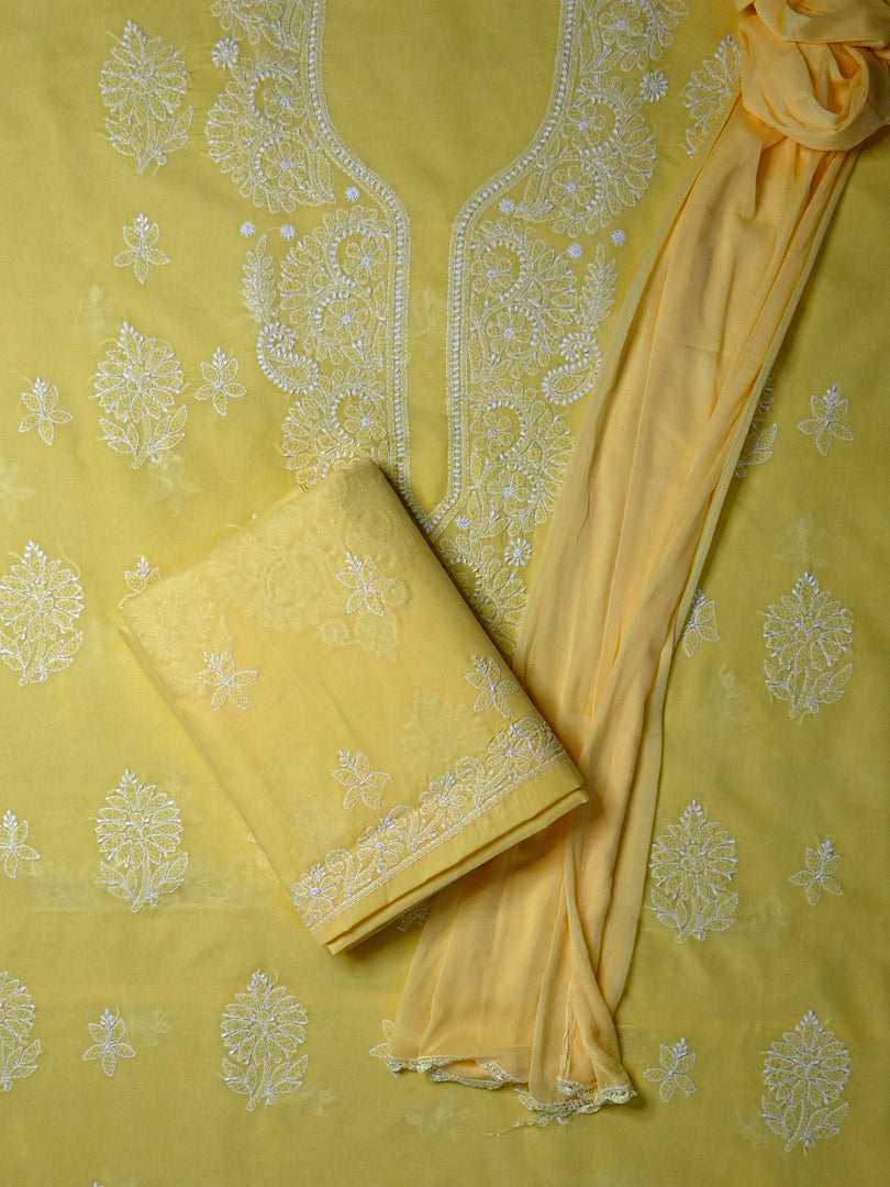 Seva Chikan Hand Embroidered Yellow Terivoil Cotton Lucknowi Chikankari Unstitched Suit Piece-SCL13032