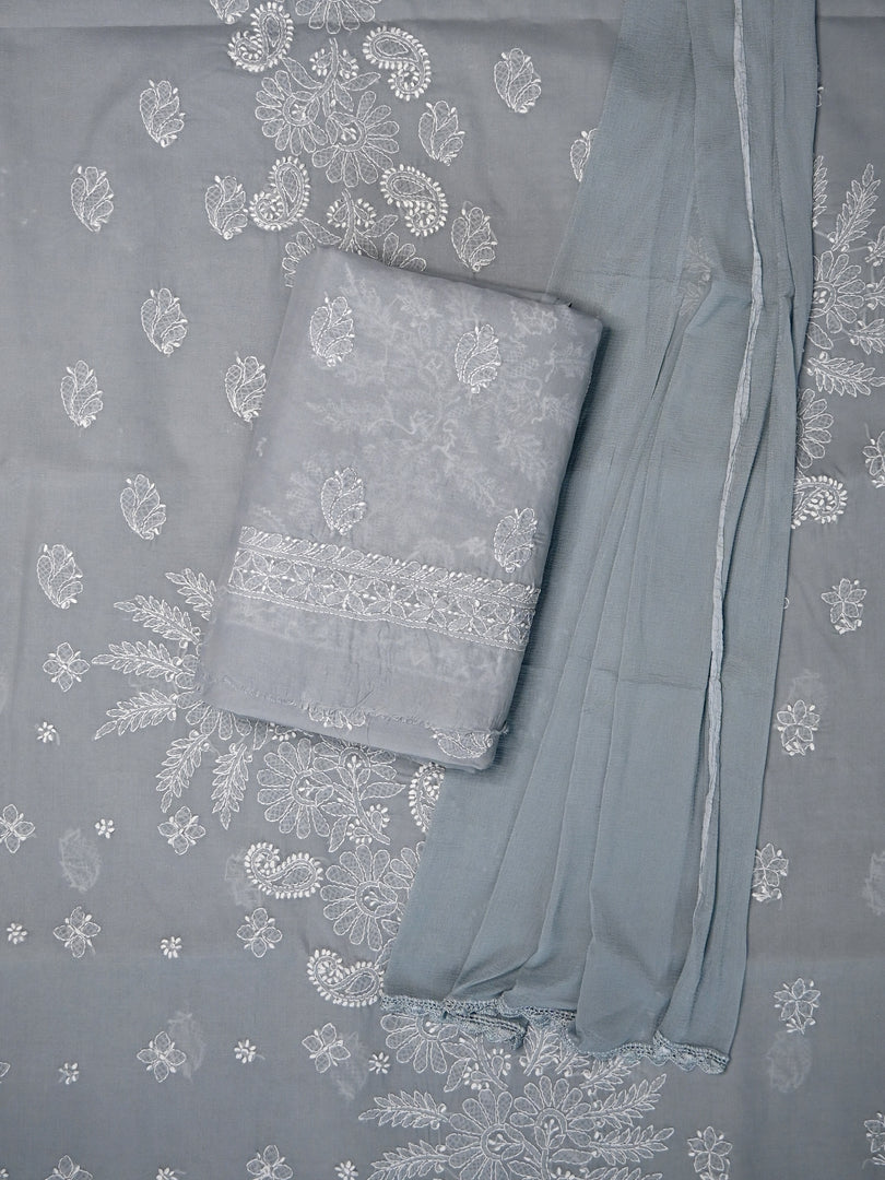 Seva Chikan Hand Embroidered Grey Terivoil Cotton Lucknowi Chikankari Unstitched Suit Piece-SCL13007