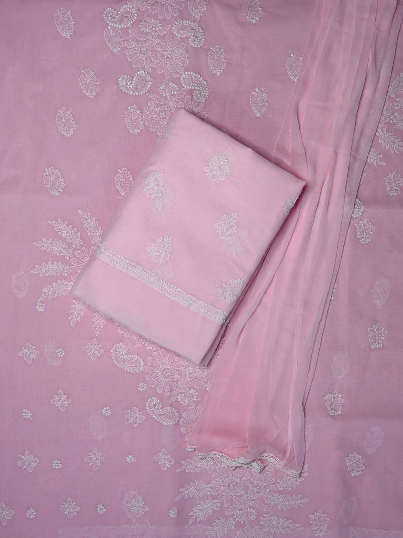 Seva Chikan Hand Embroidered Pink Terivoil Cotton Lucknowi Chikankari Unstitched Suit Piece-SCL13011