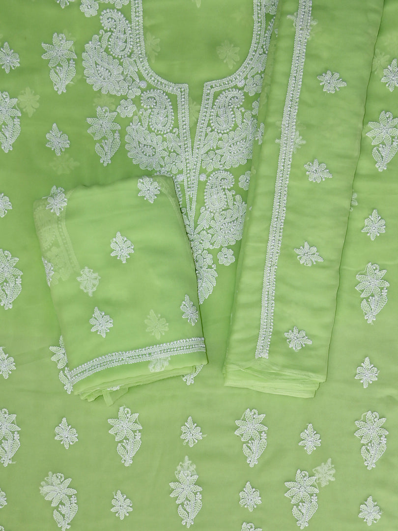 Seva Chikan Hand Embroidered Pista Green Georgette Lucknowi Chikankari Unstitched Suit Piece-SCL13127