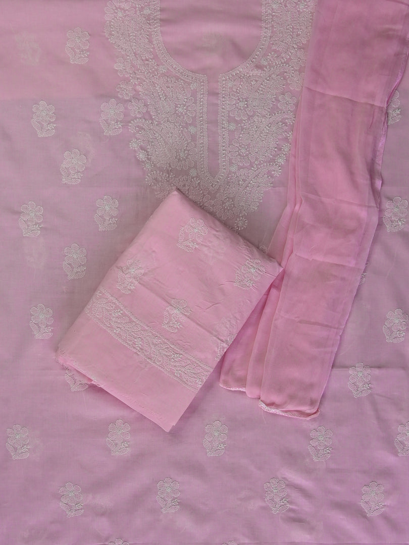 Seva Chikan Hand Embroidered Pink Cotton Lucknowi Chikankari Unstitched Suit Piece-SCL13060