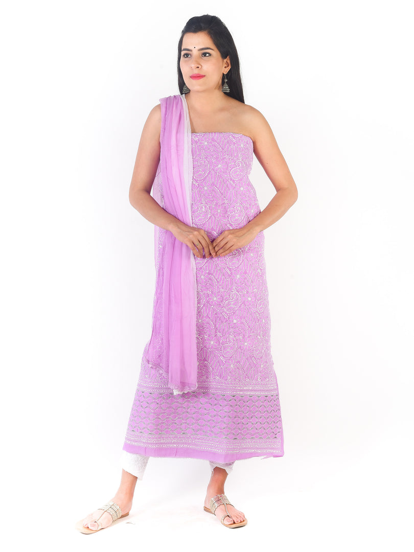 Seva Chikan Hand Embroidered Purple Cotton Lucknowi Chikankari Unstitched Suit Piece-SCL1680