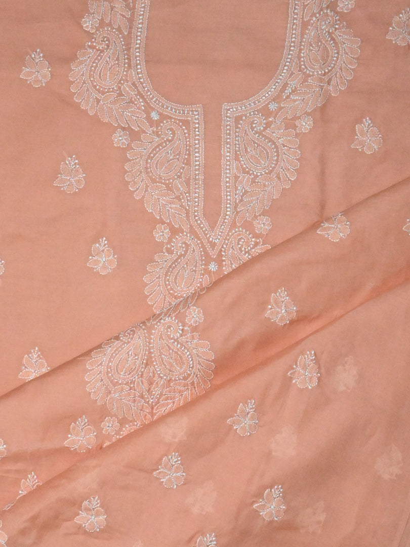 Seva Chikan Hand Embroidered Appricot Peach Terivoil Cotton Lucknowi Chikankari Unstitched Suit Piece-SCL13025