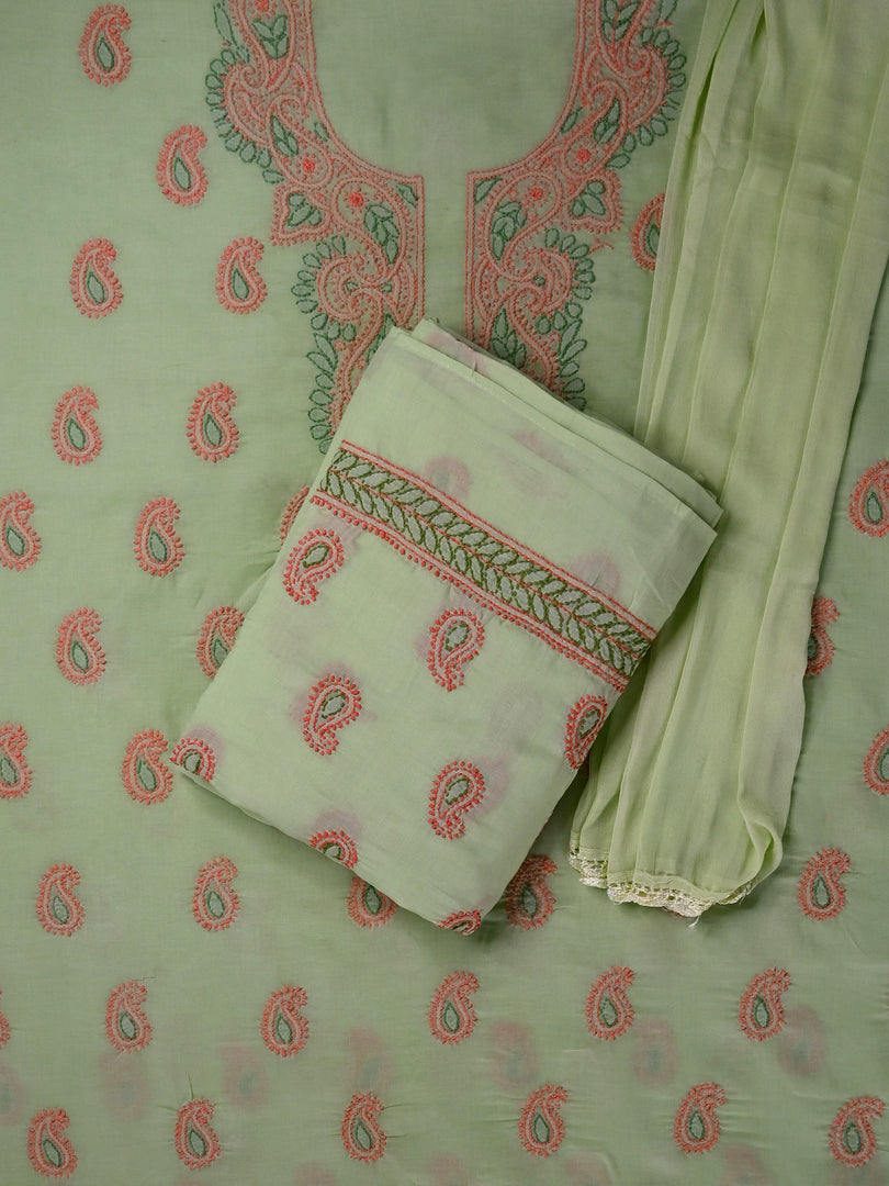 Seva Chikan Hand Embroidered Green Cotton Lucknowi Chikankari Unstitched Suit Piece-SCL13105