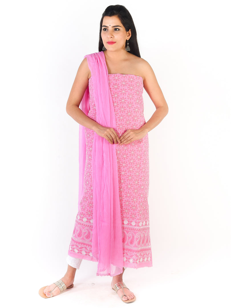 Seva Chikan Hand Embroidered Pink Cotton Lucknowi Chikankari Unstitched Suit Piece-SCL1687