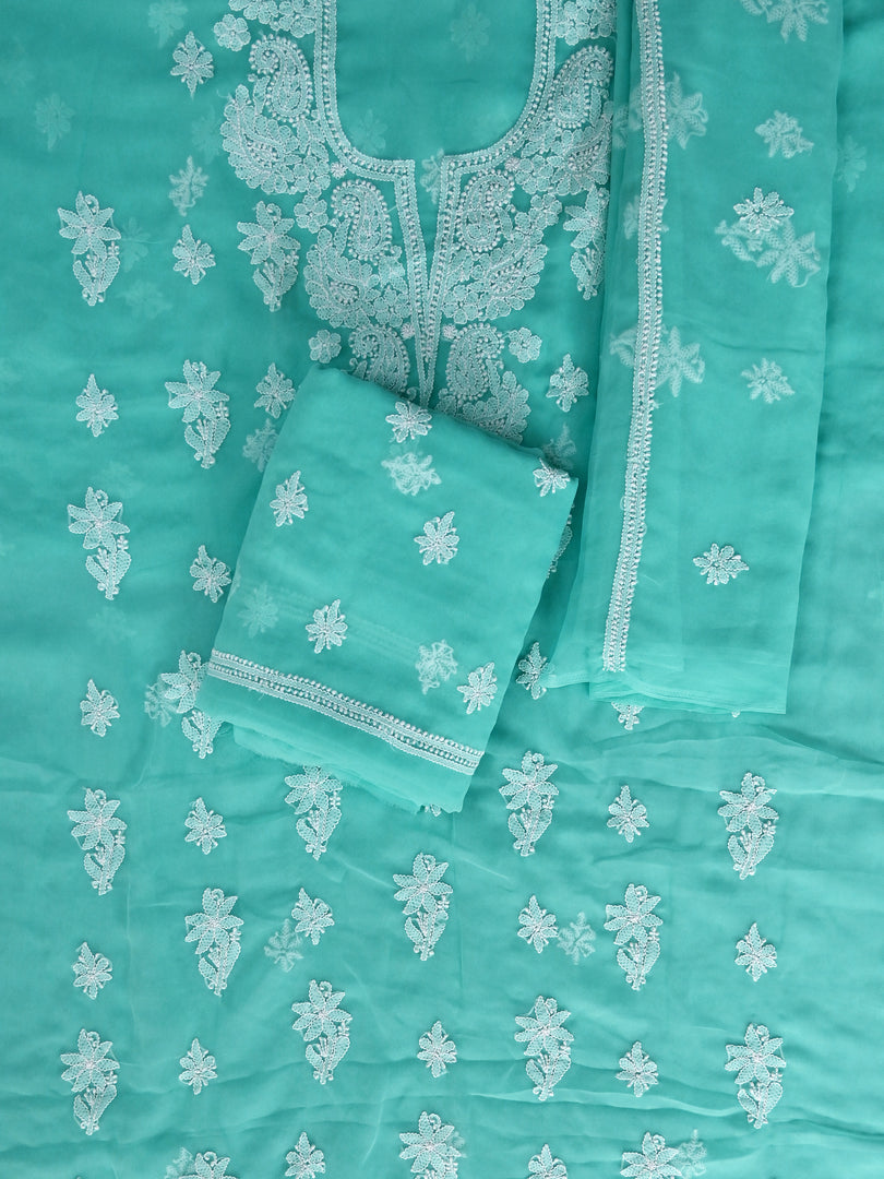 Seva Chikan Hand Embroidered Sea Green Georgette Lucknowi Chikankari Unstitched Suit Piece-SCL13128