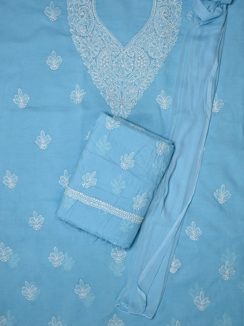 Seva Chikan Hand Embroidered Blue Terivoil Cotton Lucknowi Chikankari Unstitched Suit Piece-SCL13041