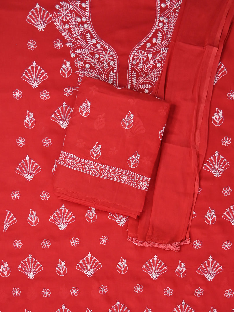 Seva Chikan Hand Embroidered Red Cotton Lucknowi Chikankari Unstitched Suit Piece-SCL13052