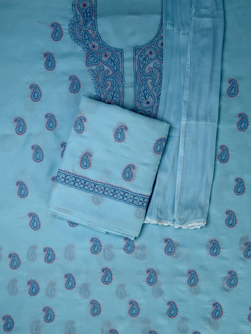 Seva Chikan Hand Embroidered Blue Cotton Lucknowi Chikankari Unstitched Suit Piece-SCL13104