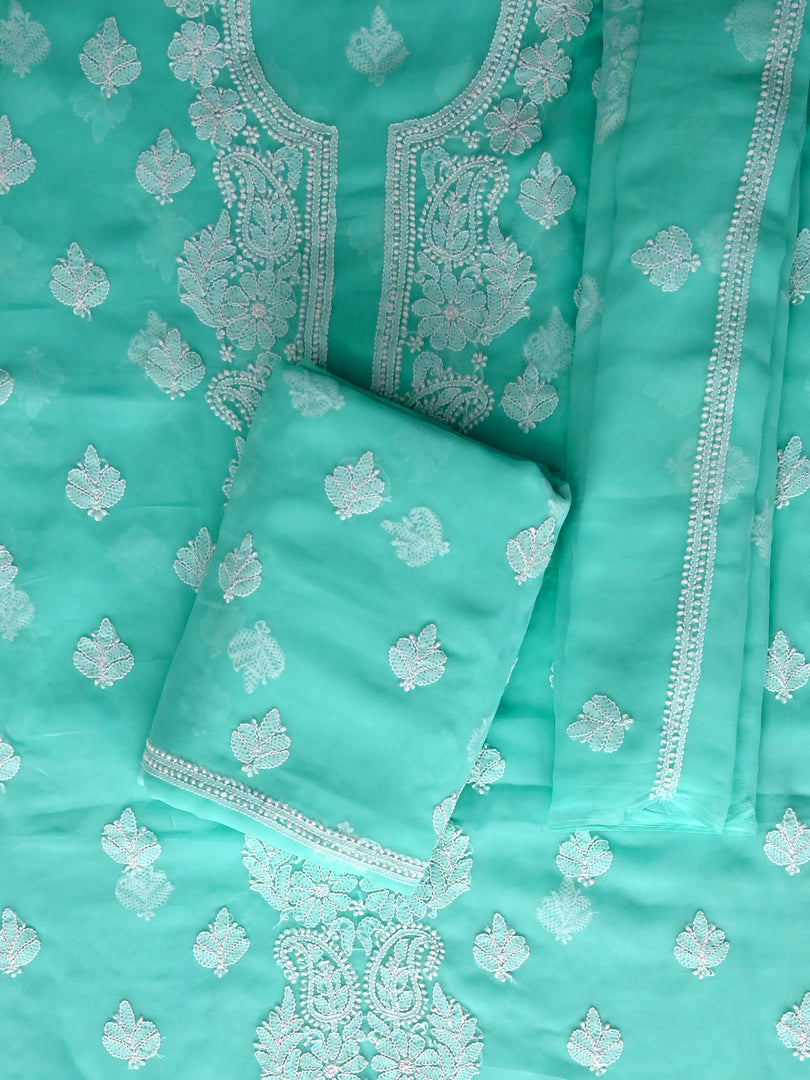 Seva Chikan Hand Embroidered Sea Green Georgette Lucknowi Chikankari Unstitched Suit Piece-SCL13122