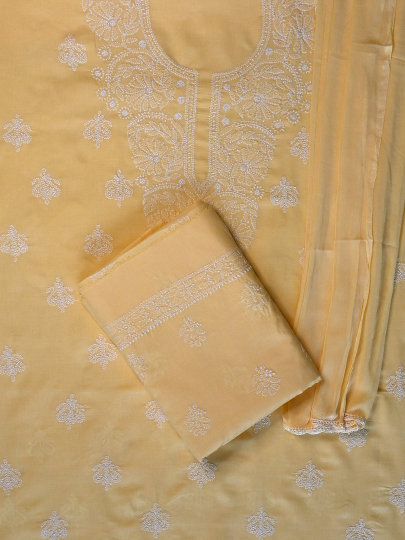 Seva Chikan Hand Embroidered Yellow Cotton Lucknowi Chikankari Unstitched Suit Piece-SCL13076