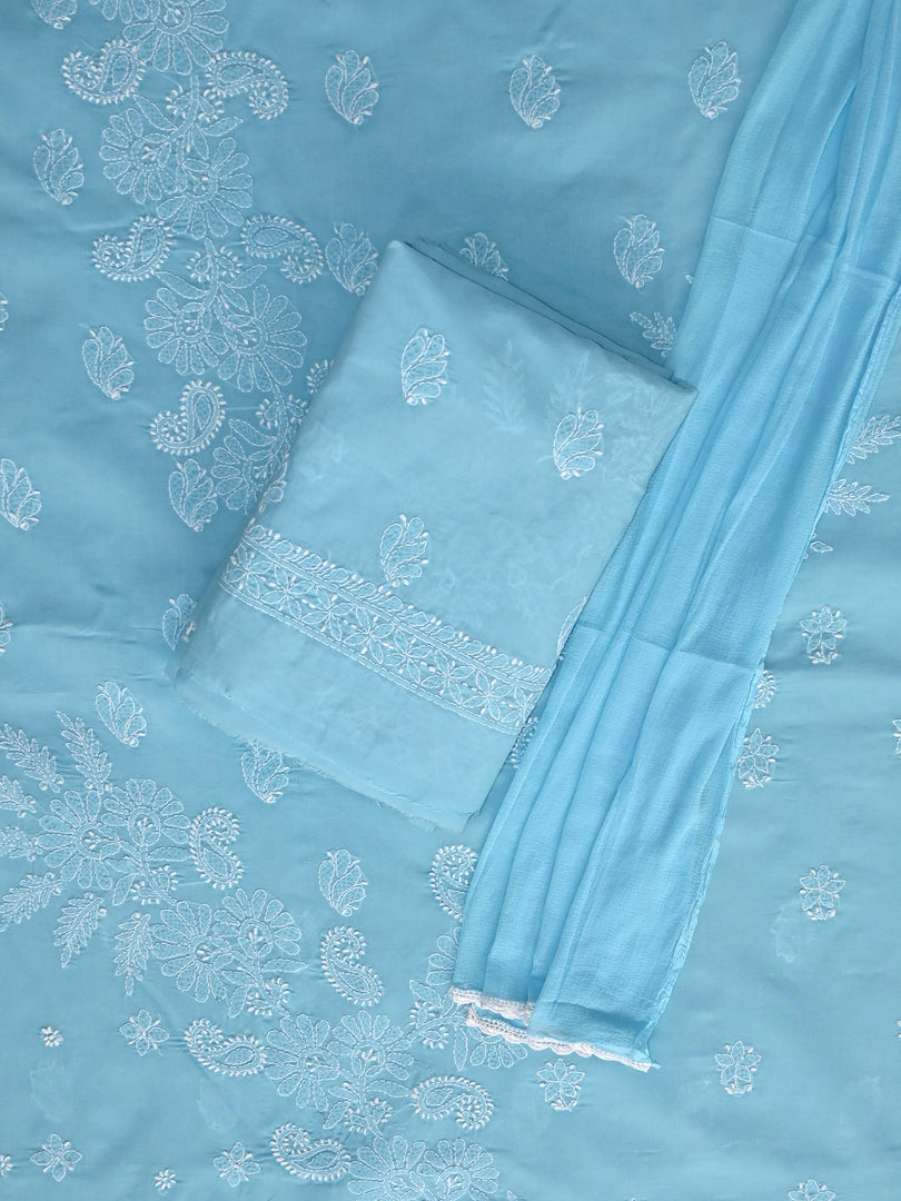 Seva Chikan Hand Embroidered Blue Terivoil Cotton Lucknowi Chikankari Unstitched Suit Piece-SCL13008