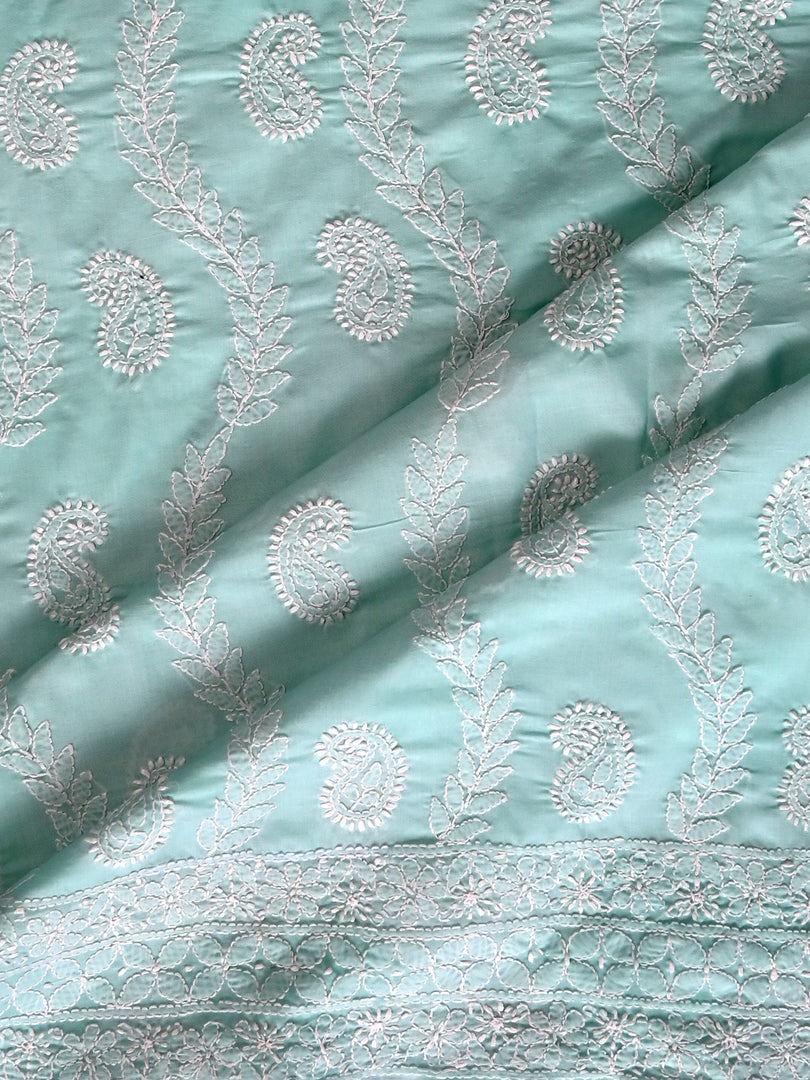 Seva Chikan Hand Embroidered Sea Green Cotton Lucknowi Chikankari Unstitched Suit Piece-SCL13095